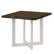 Left angled modern live edge oak and white end table on a white background