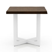 Front-facing side view of a modern live edge oak and white end table on a white background