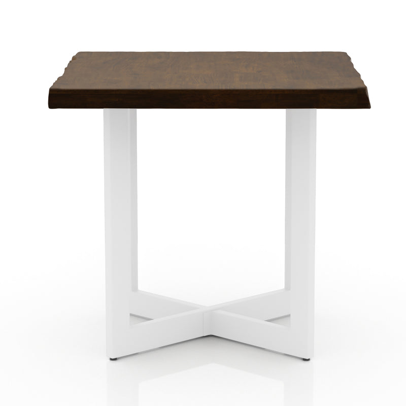 Front-facing side view of a modern live edge oak and white end table on a white background