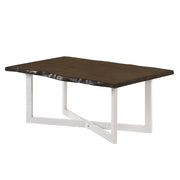 Left angled modern live edge oak and white coffee table on a white background