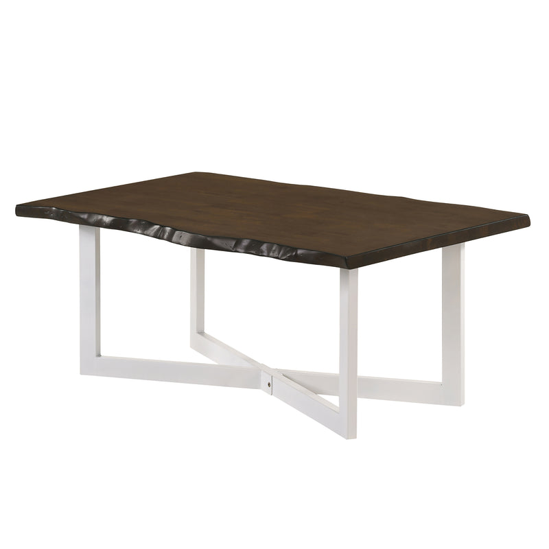 Left angled modern live edge oak and white coffee table on a white background