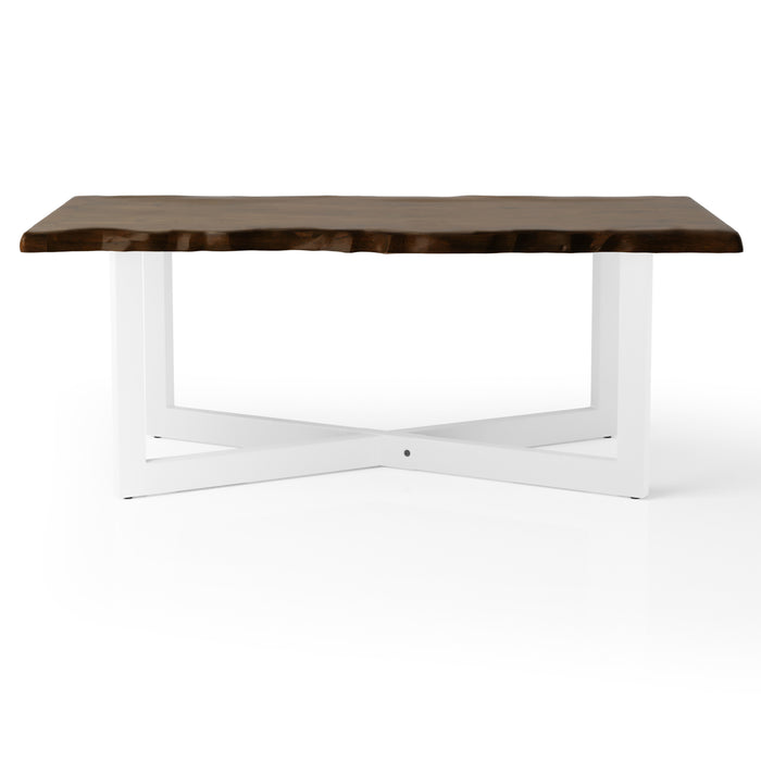 Front-facing modern live edge oak and white coffee table on a white background