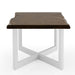Front-facing side view of a modern live edge oak and white coffee table on a white background
