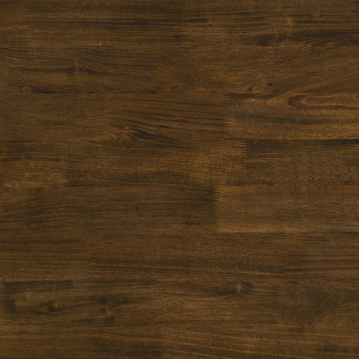Swatch close up of oak finish tabletop on a modern live edge oak and white coffee table