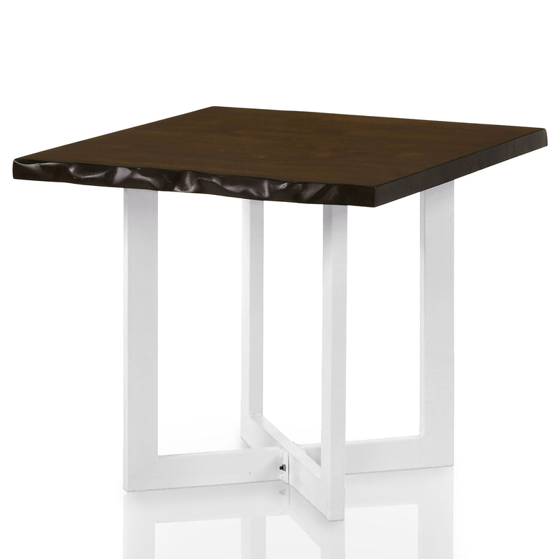 Left angled contemporary live edge oak and white side table on a white background