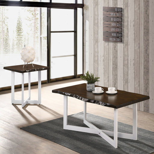 Right angled contemporary live edge oak and white side table in a living area with accessories and matching coffee table