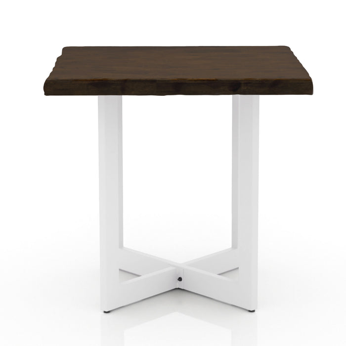 Front-facing side view of a contemporary live edge oak and white side table on a white background