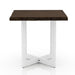 Front-facing side view of a contemporary live edge oak and white side table on a white background