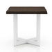 Front-facing side view of a contemporary live edge oak and white side table on a white background
