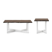 Front-facing modern live edge oak and white coffee and side table set on a white background