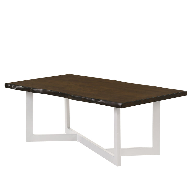 Left angled modern live edge oak and white coffee table on a white background