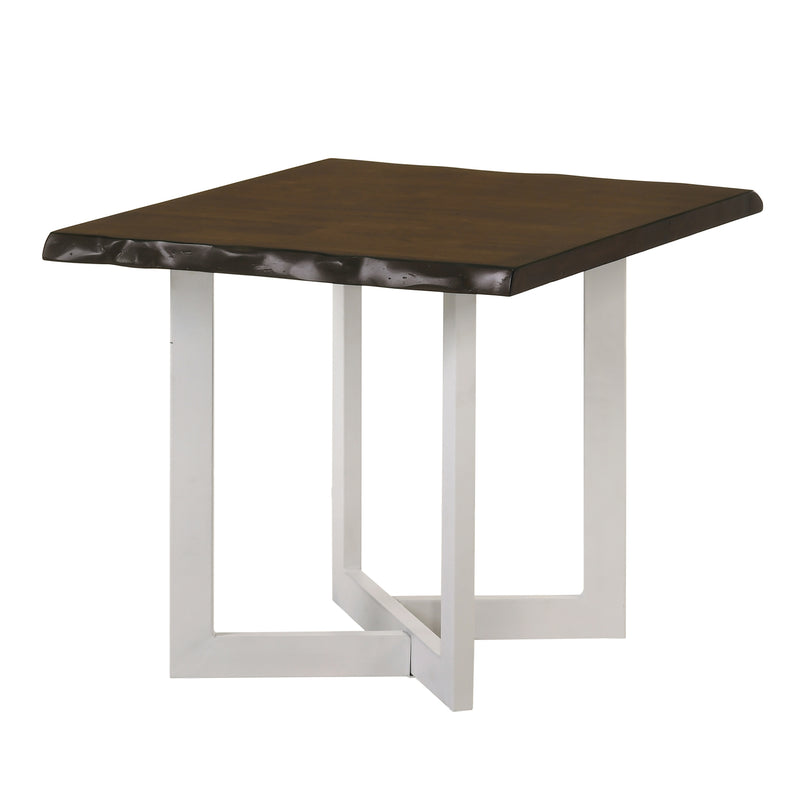 Left angled modern live edge oak and white coffee table on a side background