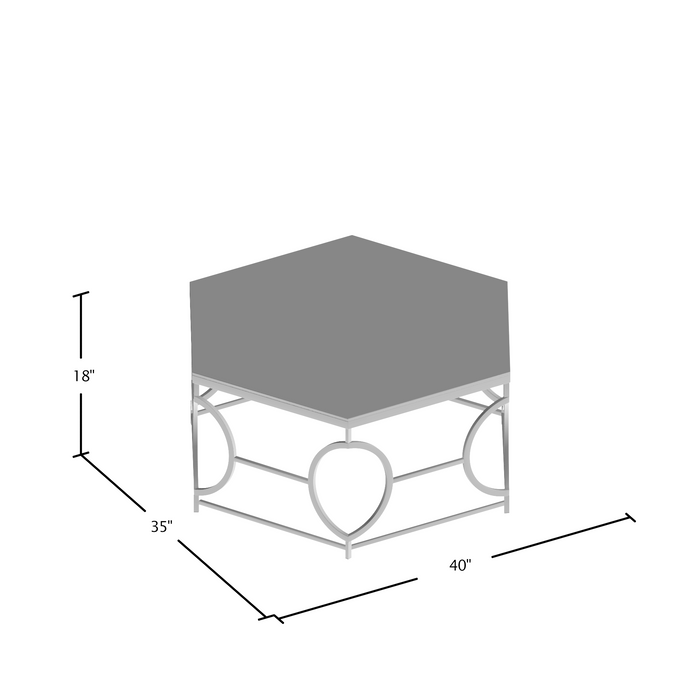 Line drawing for glam chrome and glass top hexagon coffee table on a white background with dimensions
