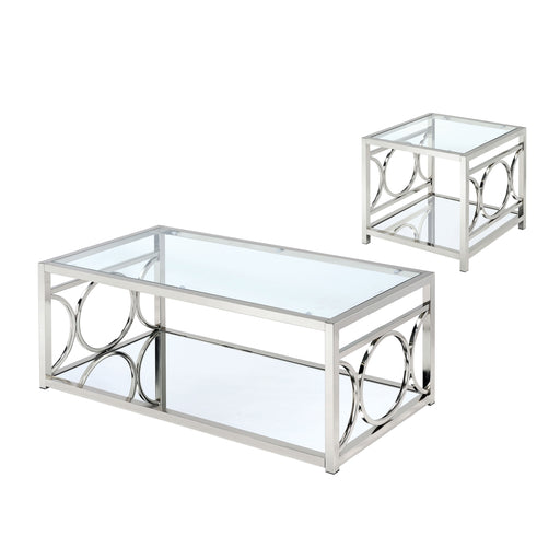 Left angled view of glam chrome steel coffee table and end table set with ring motifs and mirrored bottom shelves on a white background