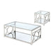 Left angled view of glam chrome steel coffee table and end table set with ring motifs and mirrored bottom shelves on a white background