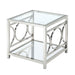 Left angled view of glam chrome steel end table with ring motifs and a mirrored bottom shelf on a white background