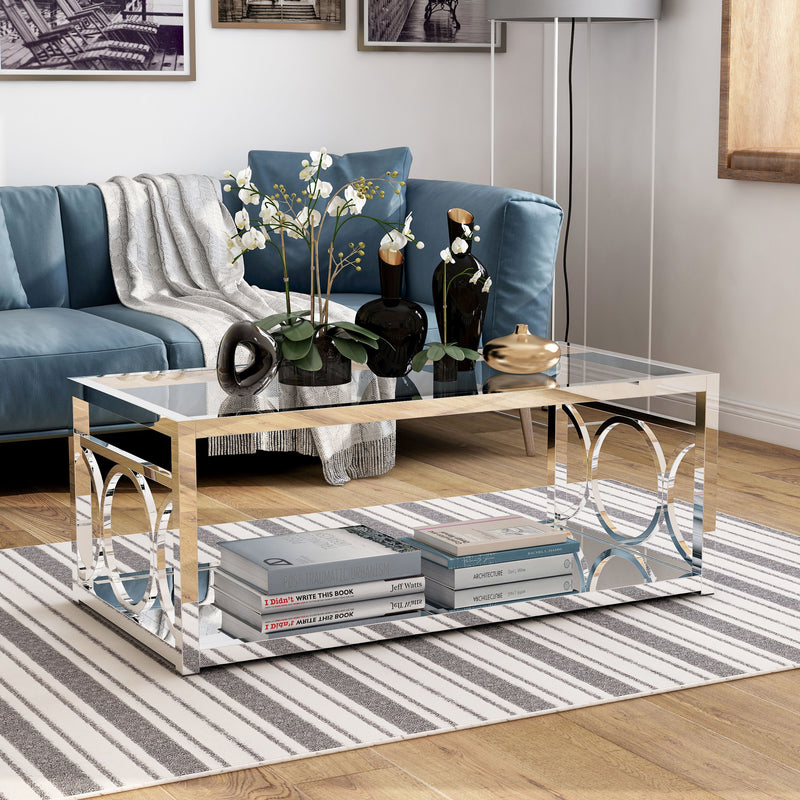 Diaz Glam Style Chrome & Glasstop Coffee Table with Lower Mirror Shelf