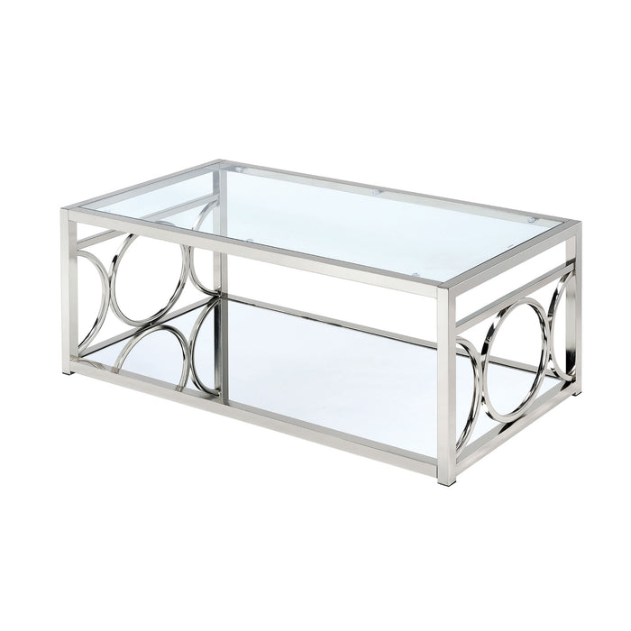 Diaz Glam Style Chrome & Glasstop Coffee Table with Lower Mirror Shelf