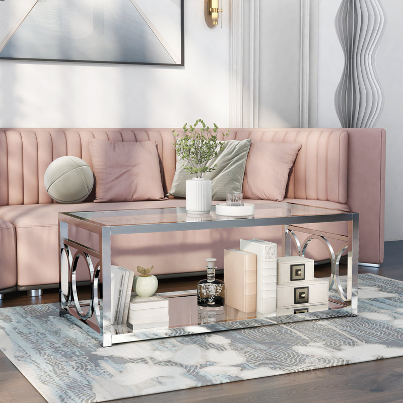 Diaz Glam Style Chrome & Glasstop Coffee Table with Lower Mirror Shelf