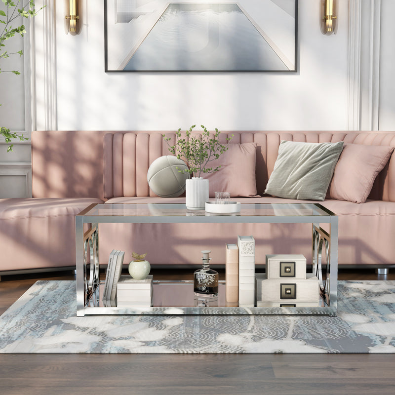 Diaz Glam Style Chrome & Glasstop Coffee Table with Lower Mirror Shelf