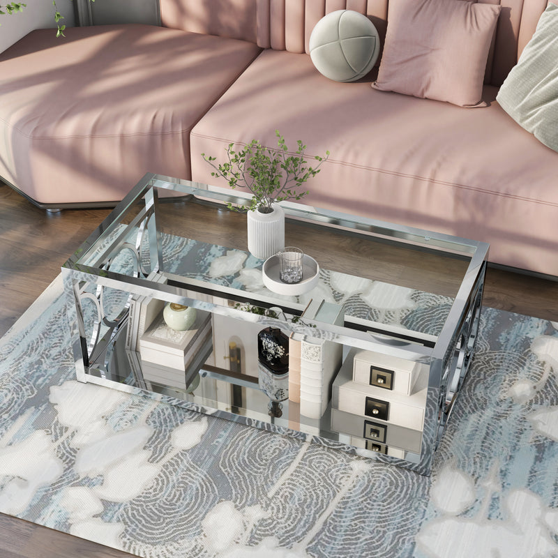 Diaz Glam Style Chrome & Glasstop Coffee Table with Lower Mirror Shelf