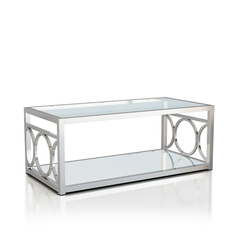 Diaz Glam Style Chrome & Glasstop Coffee Table with Lower Mirror Shelf