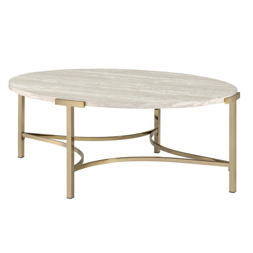 Right angled view of modern glam oval coffee table with white faux marble tabletop and champagne steel base on a white background