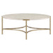 Front-facing view of modern glam oval coffee table with white faux marble tabletop and champagne steel base on a white background
