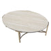 Left angled top-down view of modern glam oval coffee table with white faux marble tabletop and champagne steel base on a white background