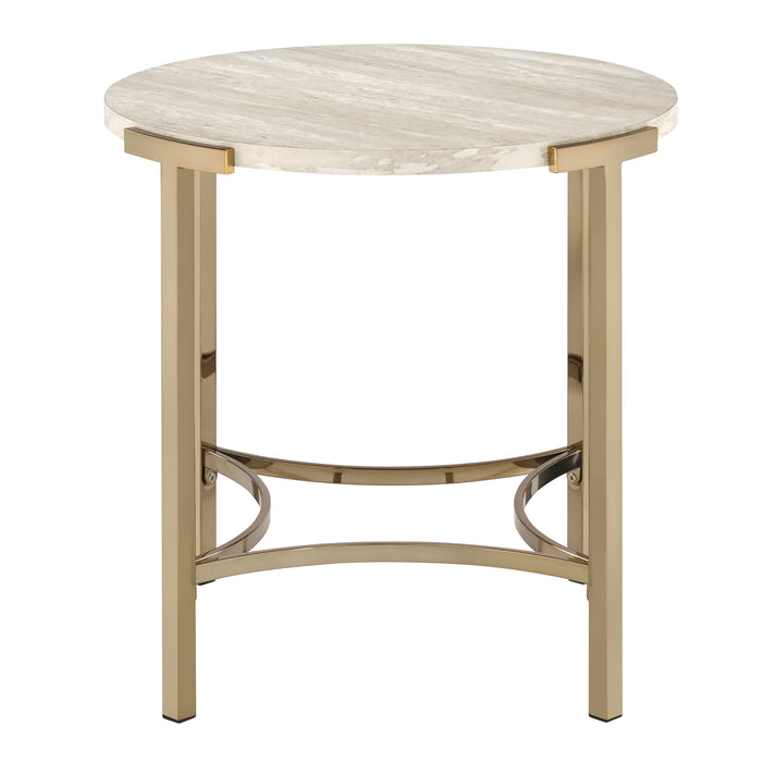 Front-facing side view of modern glam round end table with white faux marble tabletop and champagne steel base on a white background