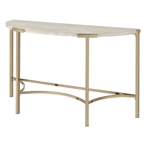 Left angled view of modern glam demilune console table with white faux marble tabletop and champagne steel base on a white background