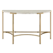 Front-facing view of modern glam demilune console table with white faux marble tabletop and champagne steel base on a white background