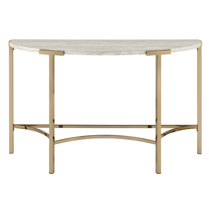 Front-facing view of modern glam demilune console table with white faux marble tabletop and champagne steel base on a white background