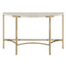 Front-facing view of modern glam demilune console table with white faux marble tabletop and champagne steel base on a white background