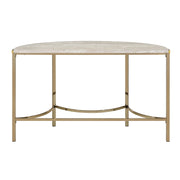 Back-facing view of modern glam demilune console table with white faux marble tabletop and champagne steel base on a white background