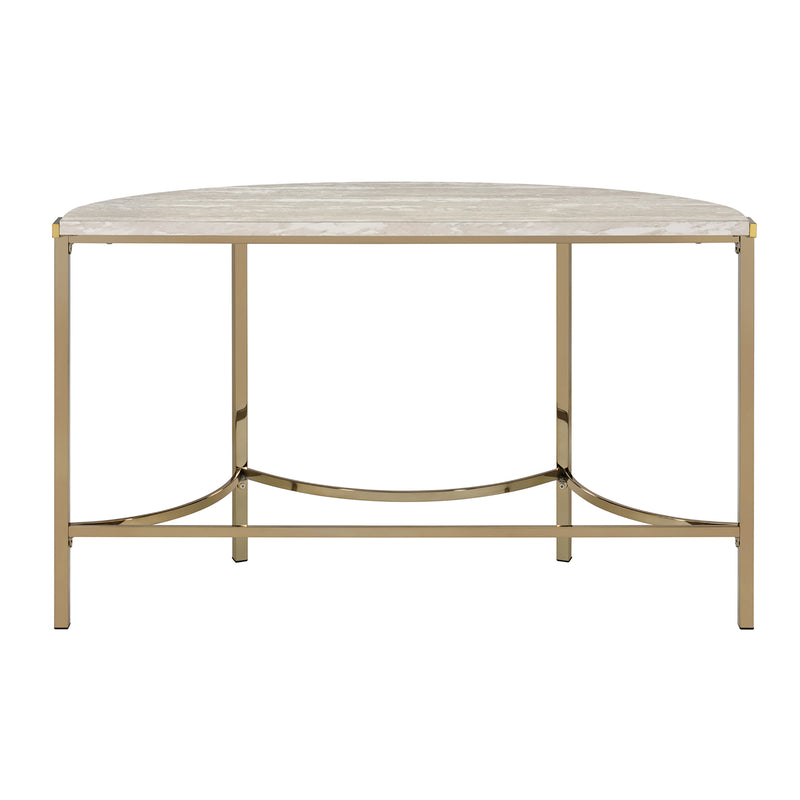 Back-facing view of modern glam demilune console table with white faux marble tabletop and champagne steel base on a white background