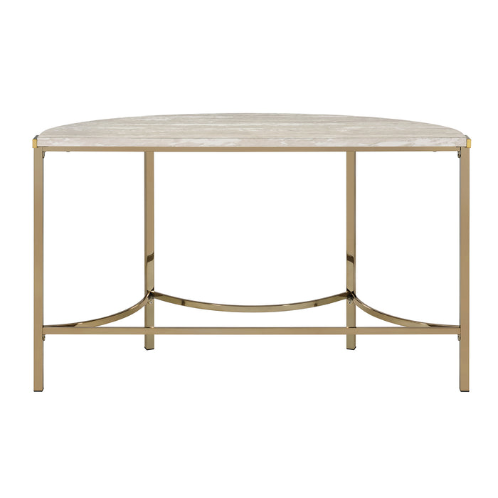 Back-facing view of modern glam demilune console table with white faux marble tabletop and champagne steel base on a white background
