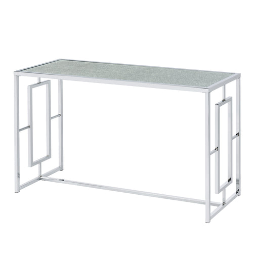 Left angled view of modern chrome plated steel sofa table with geometric trestle base and waterfall pattern tempered glass top on a white background