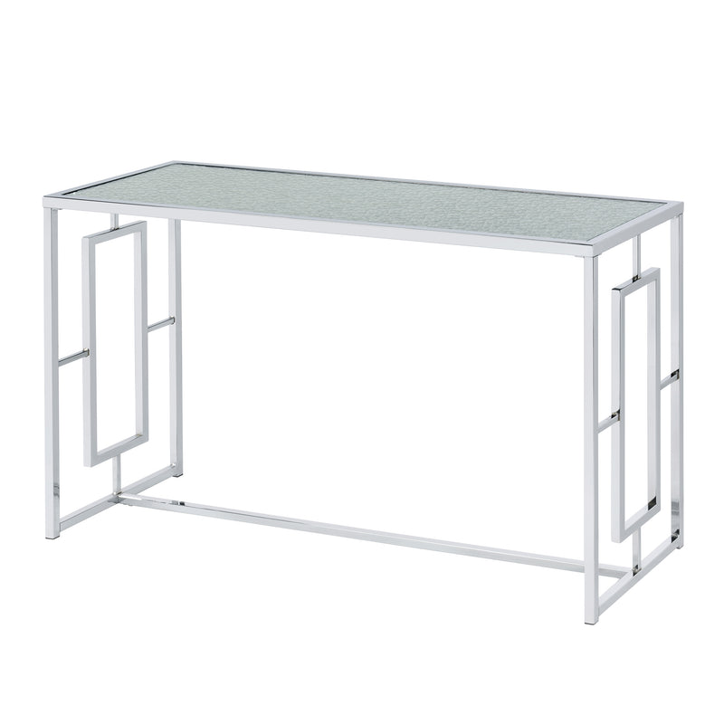 Left angled view of modern chrome plated steel sofa table with geometric trestle base and water rippled tempered glass top on a white background