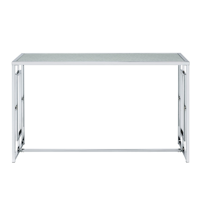 Front-facing view of modern chrome plated steel sofa table with geometric trestle base and water rippled tempered glass top on a white background