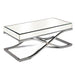 Left angled view of contemporary glam chrome finish steel and mirror coffee table on white background.