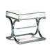 Left angled view of contemporary glam chrome finish steel and mirror end table on white background.