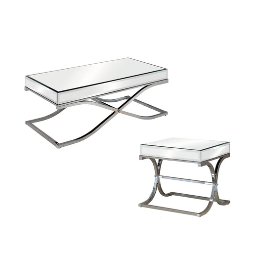 Mixed view of contemporary glam chrome finish steel and mirror coffee table and end table on white background.
