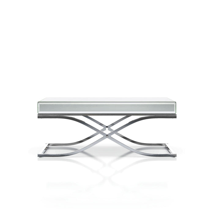 Front view of contemporary glam chrome finish steel and mirror coffee table on white background.
