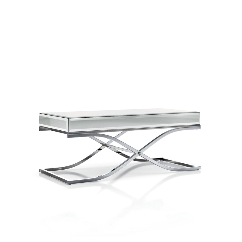 Left angled view of contemporary glam chrome finish steel and mirror coffee table on white background.