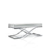 Left angled view of contemporary glam chrome finish steel and mirror coffee table on white background.