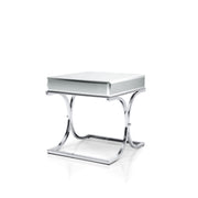 Right angled view of contemporary glam chrome finish steel and mirror end table on white background.