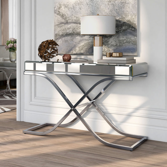 Pellias Glam Beveled Mirror Paneled and Chrome Finished Sofa Table