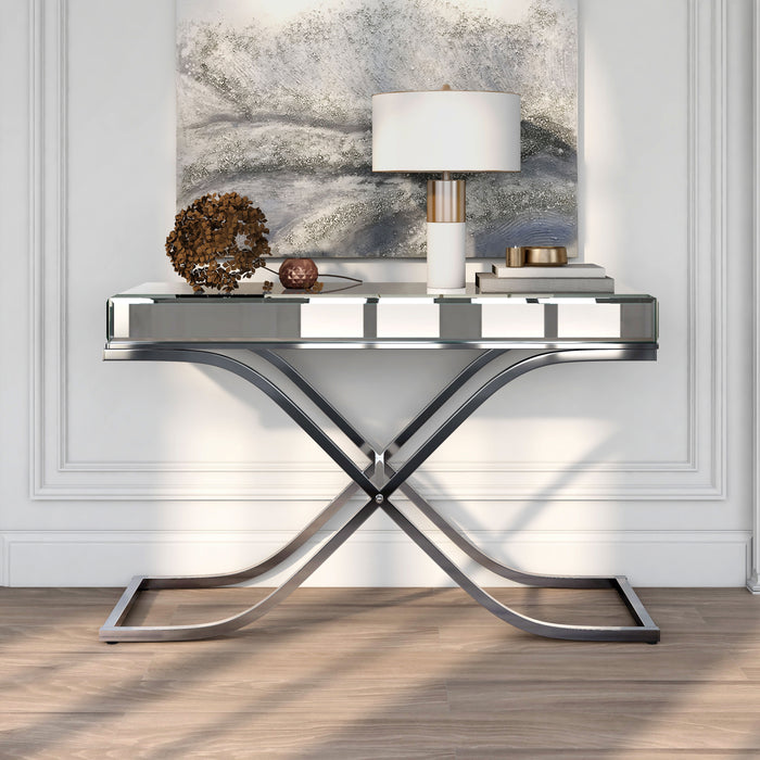 Pellias Glam Beveled Mirror Paneled and Chrome Finished Sofa Table