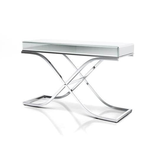 Pellias Glam Beveled Mirror Paneled and Chrome Finished Sofa Table